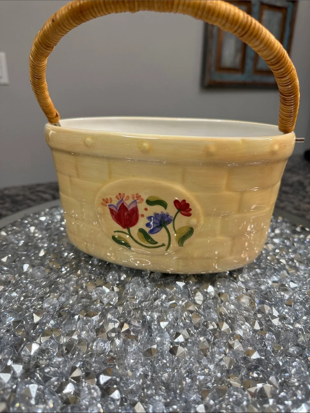Pfaltzgraff vintage Ceramic Basket Planter with Floral Motif and Woven Handle